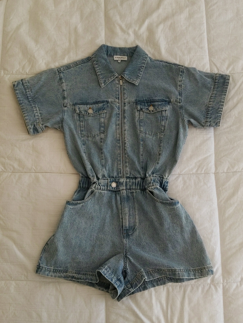 WeWoreWhat Denim Zip Front Romper Light Wash Short Sleeve Size XS